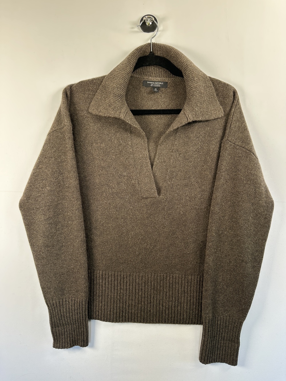 Banana Republic 100% Cashmere V-Neck Polo Sweater Mushroom Brown Size M
